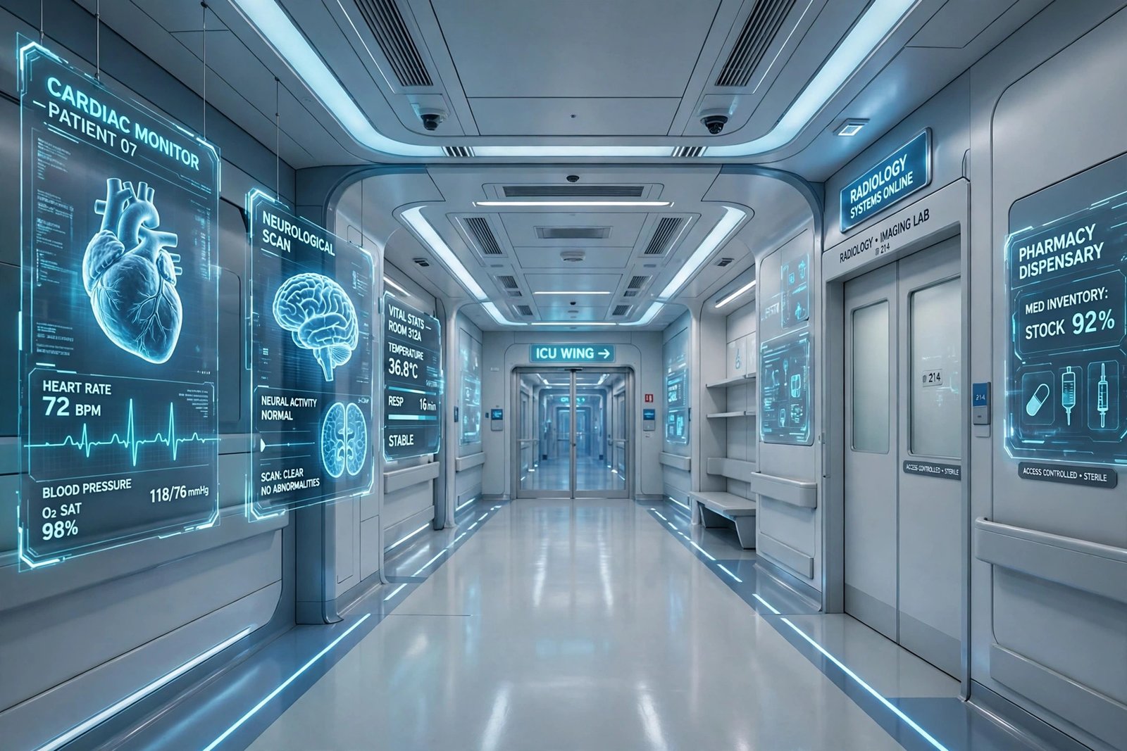 Futuristic hospital corridor with holographic medical data displays