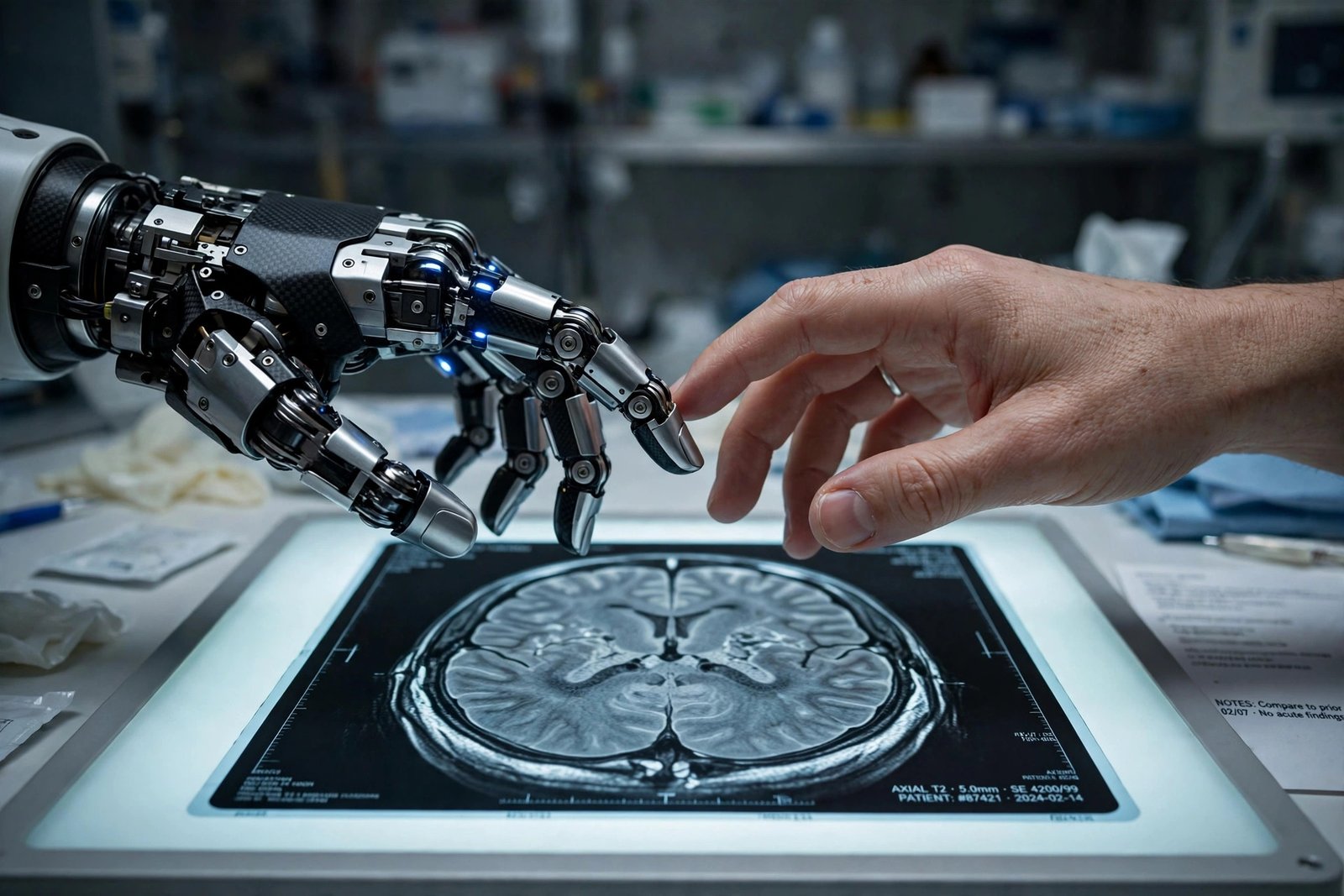 Robotic hand and human hand reaching toward each other over a medical scan