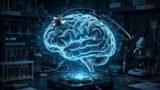 Stethoscope on a glowing digital brain hologram in a medical lab