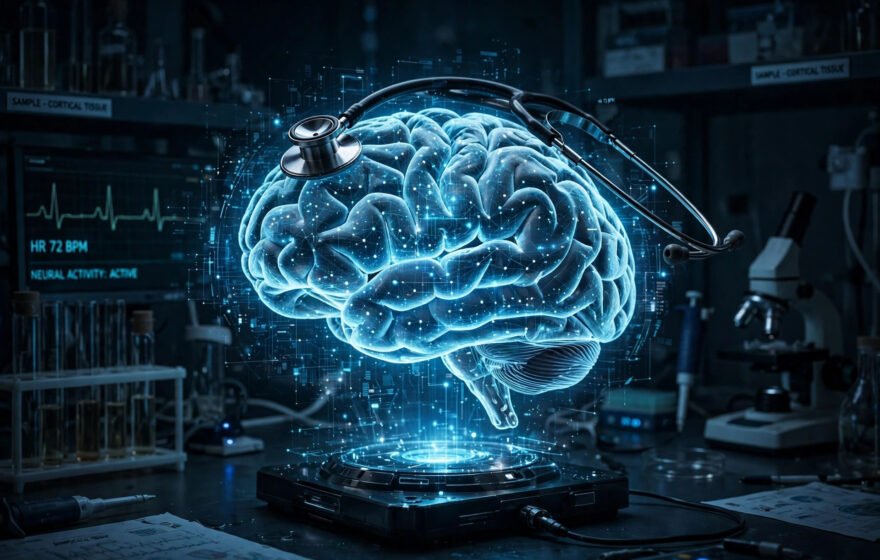 Stethoscope on a glowing digital brain hologram in a medical lab