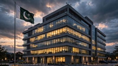 Government investigation building exterior at dusk