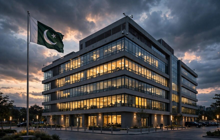 Government investigation building exterior at dusk