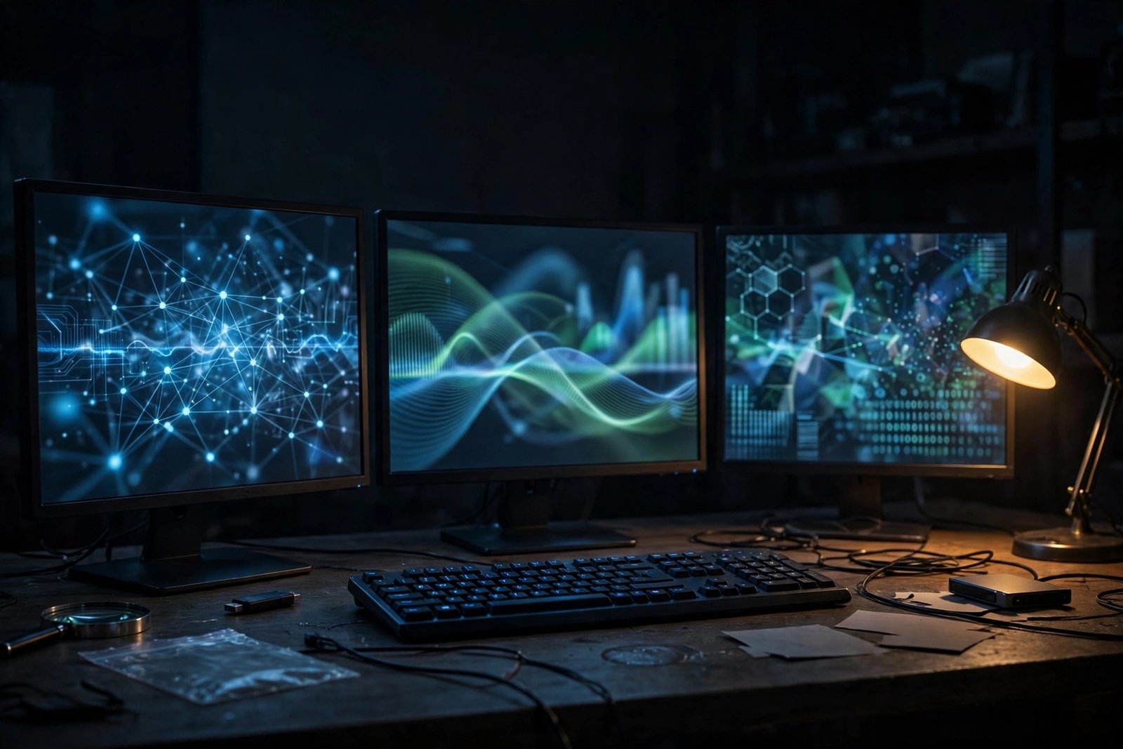 Digital forensics investigation desk with glowing monitors