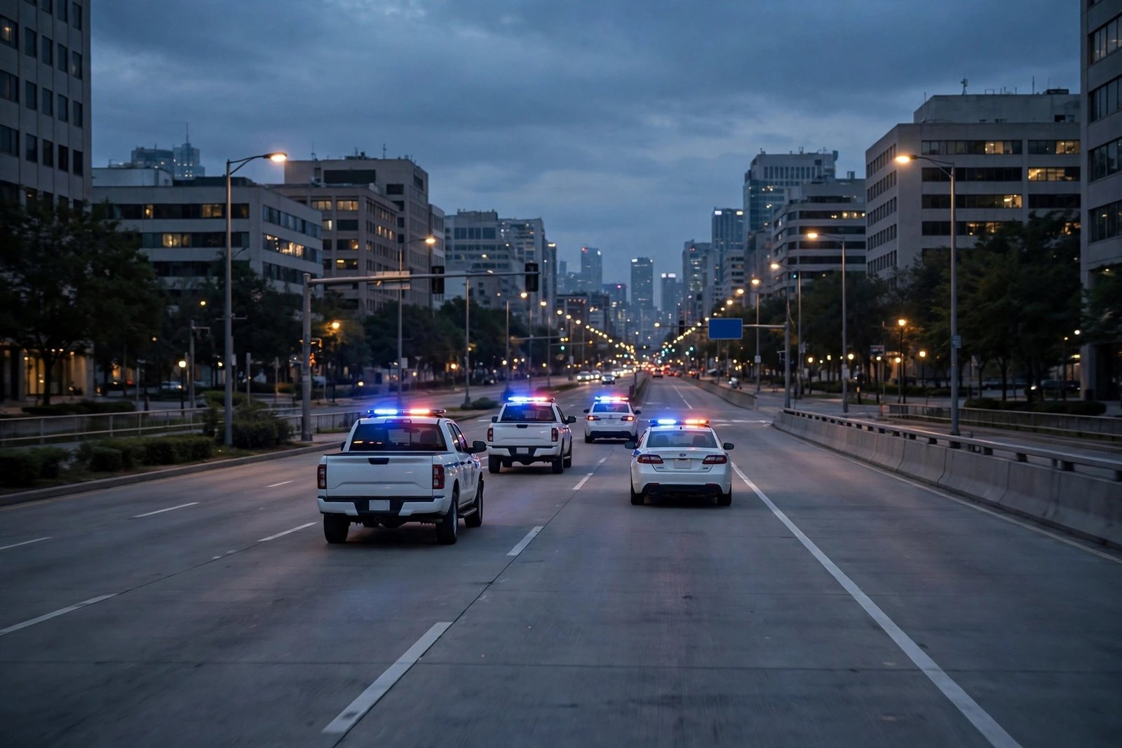 Police patrol vehicles on a city road