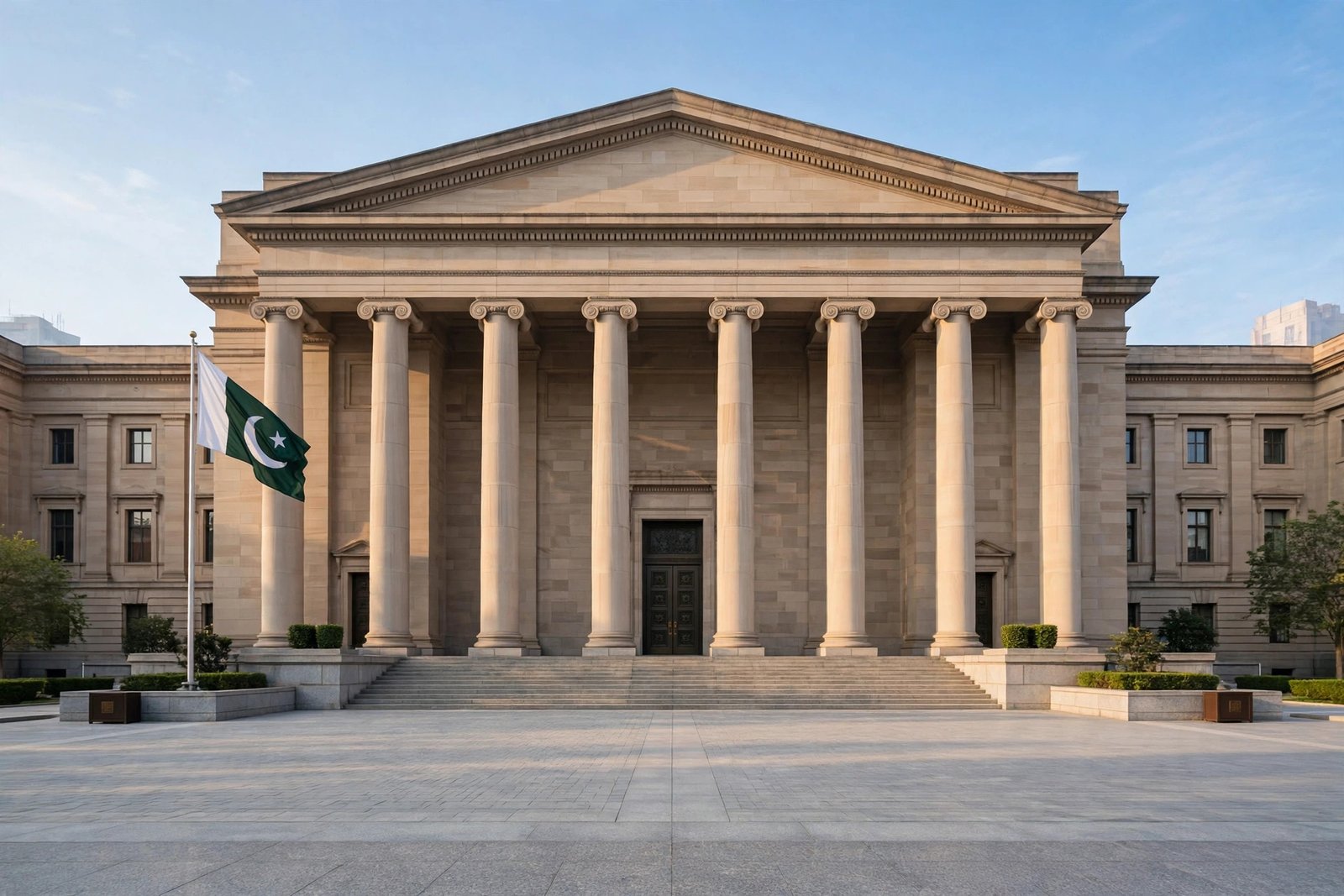 Central bank building with Pakistani flag