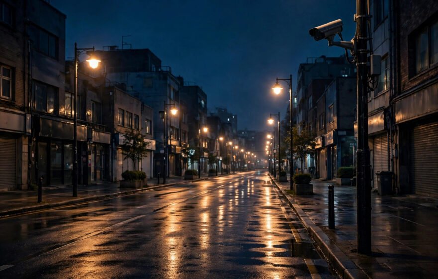 CCTV camera overlooking an empty city street with a parked scooter (illustration)