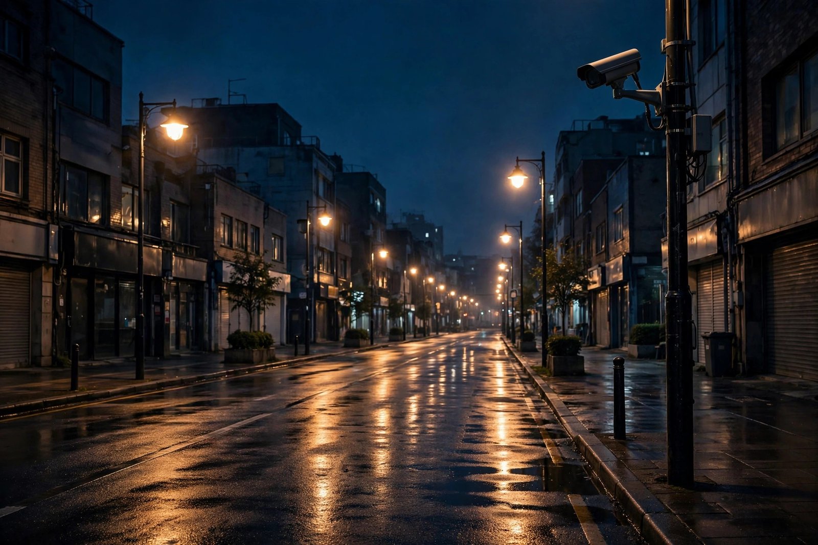 Empty city road at night with CCTV camera (illustration)