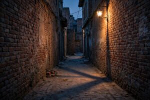Empty residential alley at dusk in a small Pakistani town